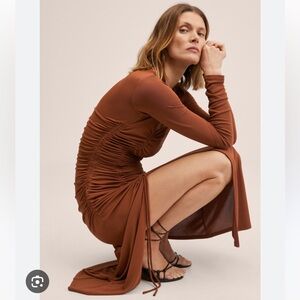NWT Mango MNG Cutout v neck Ruched ruching long sleeve midi maxi brown dress